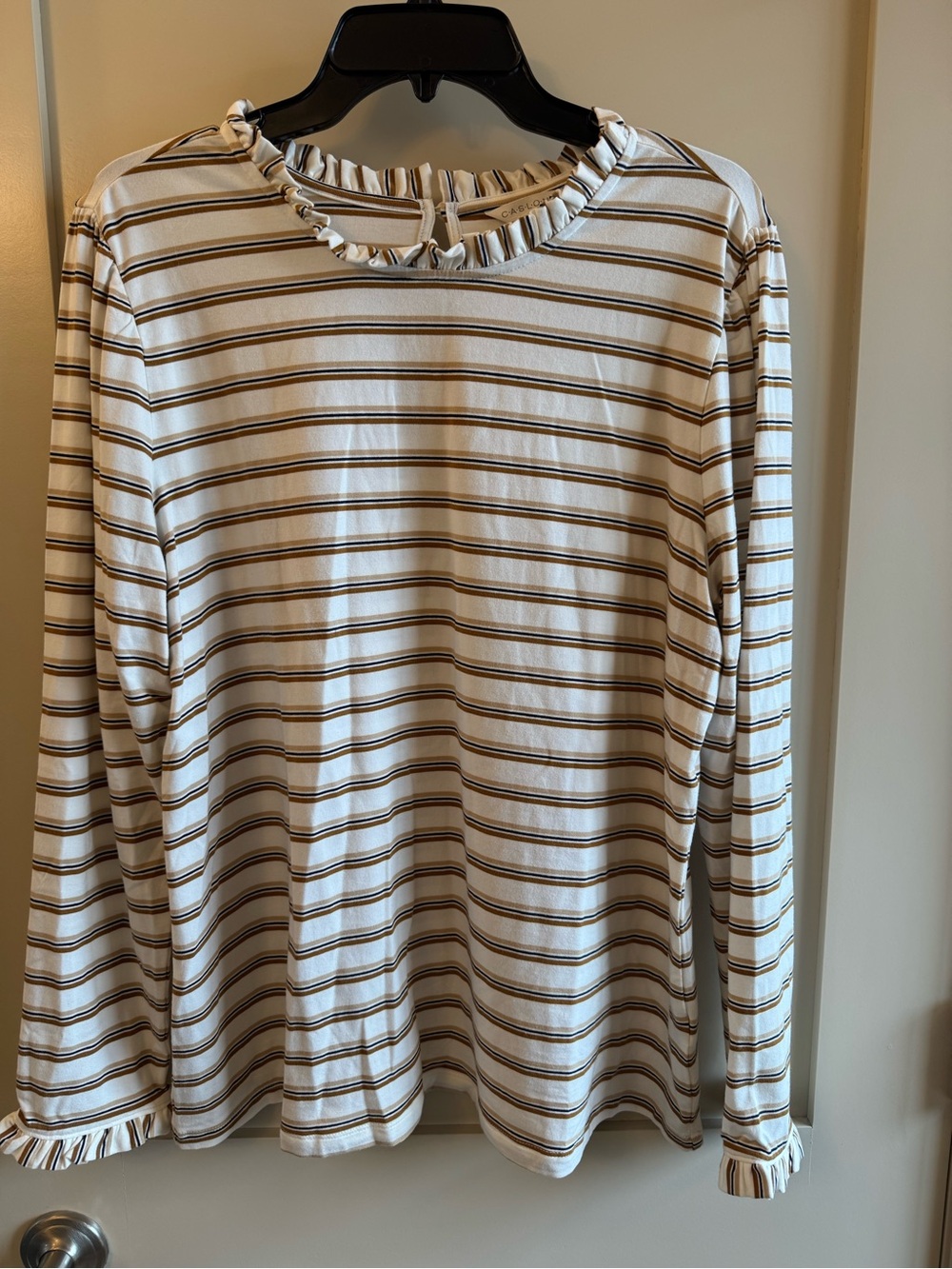 Caslon Cream Top with Brown and Navy Stripes